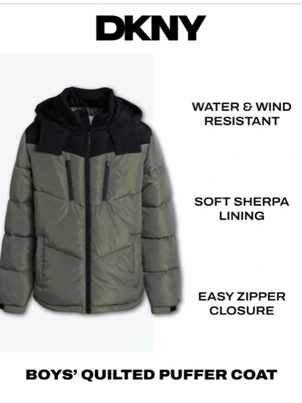 DKNY Boys Olive Green Puffer Jacket with Black Hood